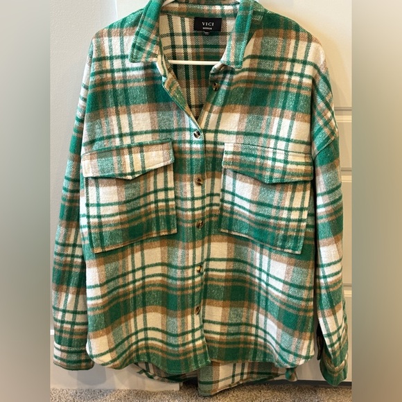 Vici Sweaters - Vici Teal and Tan Plaid Shirt